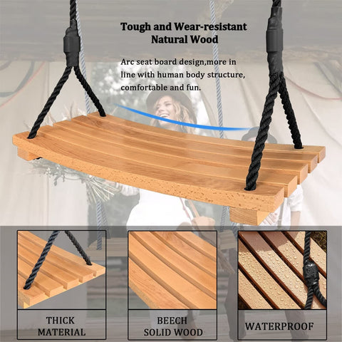 Wooden Swing Seat, Hanging Tree Swing for Adults Kids Outdoor Wood Swing Set ...