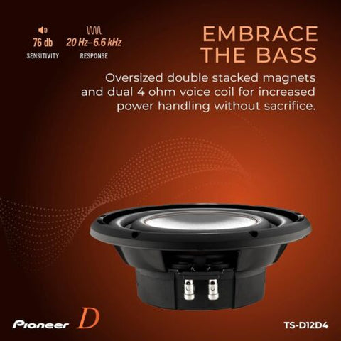 PIONEER CAR TSD12D4 D Series 12-inch 2000 Watt Max Power, Dual 4 Ohm Black