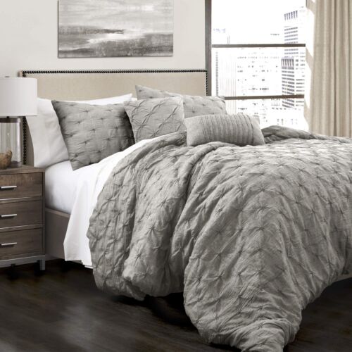 Lush Decor Ravello Pintuck Comforter Set - Luxe 5 Piece Textured King, Gray