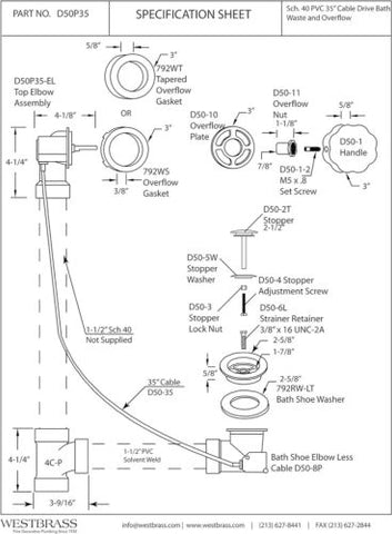 Westbrass Sch. 40 PVC 35 in. Cable Drive Bath Waste, Satin Nickel