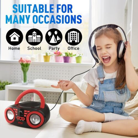 Pyle Portable CD Player Bluetooth Boombox Speaker - AM/FM Stereo Black Red