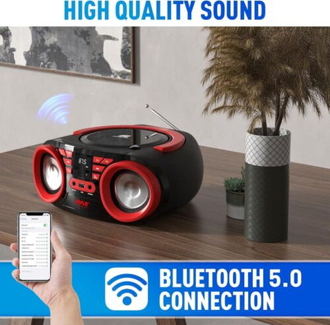 Pyle Portable CD Player Bluetooth Boombox Speaker - AM/FM Stereo Black Red