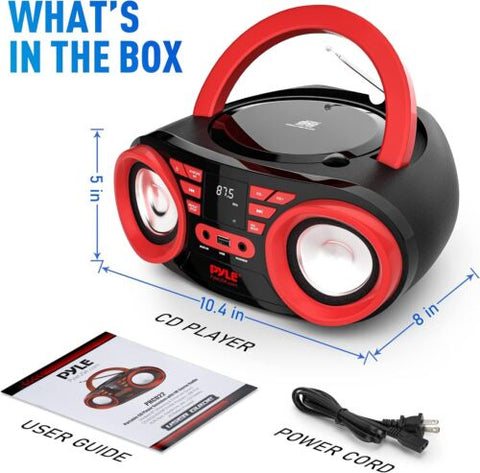 Pyle Portable CD Player Bluetooth Boombox Speaker - AM/FM Stereo Black Red