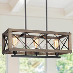 LALUZ Modern 3-Light Dining Room Lighting Fixtures Hanging, Wooden Chandelier