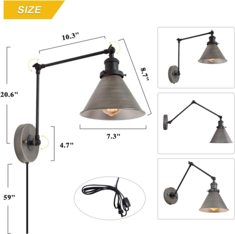 LNC Swing Arm Wall Lamp Modern Plug in Sconce Hardwired Silver