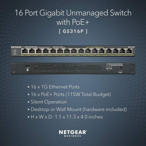 NETGEAR 16-Port Gigabit Ethernet Unmanaged PoE+ Switch (GS316P) - with 16 x...