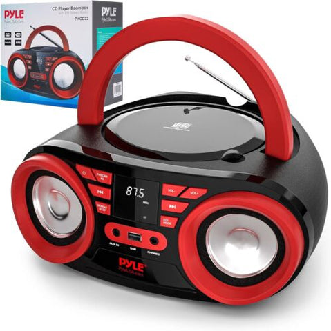 Pyle Portable CD Player Bluetooth Boombox Speaker - AM/FM Stereo Black Red