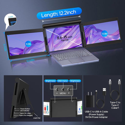 13.3'' Triple Portable Monitor, Laptop Monitor Extender, 1080P Full HD Screen Extender One Type-C Cable Connect Plug and Play No Driver, for 11.6-15Inch Laptop (Windows System Only)