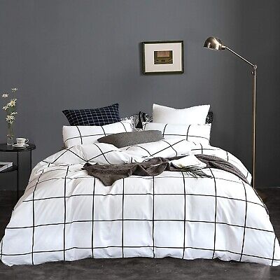 KAREVER White Grid Comforter White Plaid Bedding Set Twin White with Black Li...