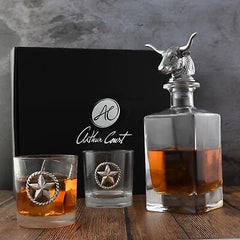 Arthur Court Longhorn Liquor Decanter Set with Pair of Longhorn Whiskey Rock ...