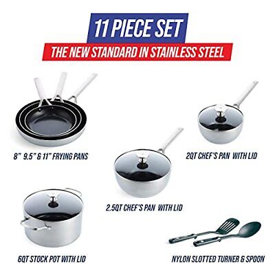 Blue Diamond Cookware Tri-Ply 11 Piece Pots and Pans Set, Silver