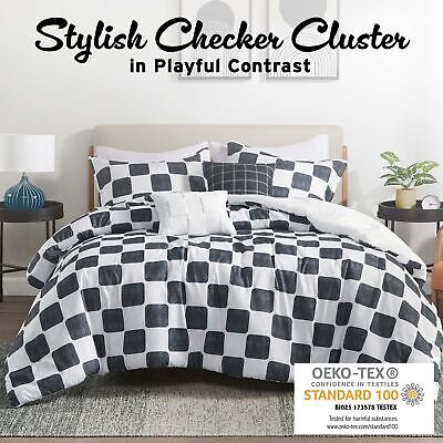 Intelligent Design Queen Comforter Set Chic Black & White Checkered Print Com...