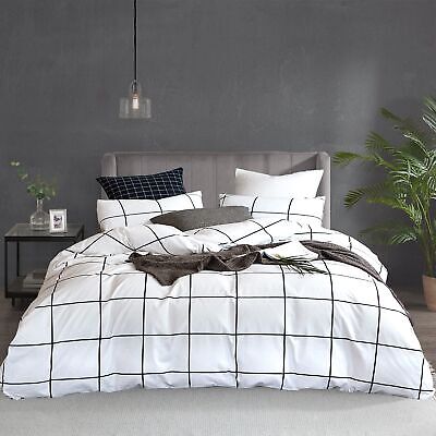 KAREVER White Grid Comforter White Plaid Bedding Set Twin White with Black Li...