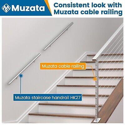 Muzata 5Ft Pre-drilled Stair Handrail 2" OD Round Brushed Wall Mounted Handra...