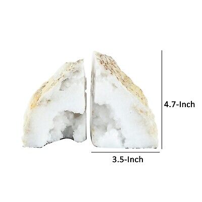 Benjara 5 Inch Natural White Stone Bookends, Artisanal Textured Geode Rock