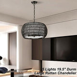 19.5" Farmhouse Chandelier for Dining Room,5-Lights Rattan Large Pendant Ligh...