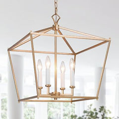 KSANA Gold Chandelier, 4-Light Modern Linear Chandeliers, Pendant Cage Lanter...