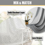 Gray Mix Matched Curtain Set 95" Long Leaf Sheer Lace 2 Panels & 2 Blackout C...