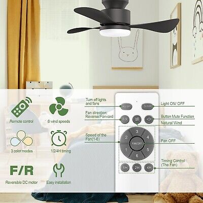 Black Ceiling Fan with Light, 28 Inch Small Low Profile Flush Mount Ceiling F...