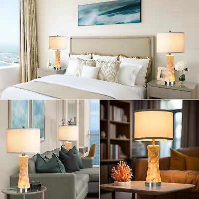 24" Capiz Shell Table Lamp Set of 2, Pearl White Coastal Bedside Lamp with LE...