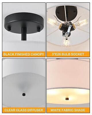 13" Semi Flush Mount Ceiling Light Fixture, 3-Light Black Drum Flush Mount Li...