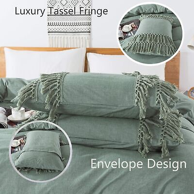 Tassels Style Sage Green Duvet Cover Set Twin Size (1 Duvet Cover + 2 Pillowc...