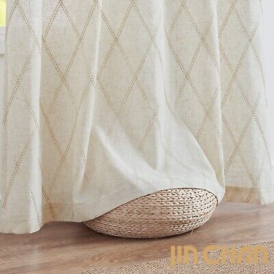 jinchan Beige Linen Curtains for Living Room Diamond Embroidered Back Tab Dra...