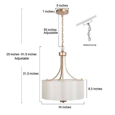 LALUZ Gold Chandelier, 4-Light Modern Drum Pendant Lighting with White Fabric...