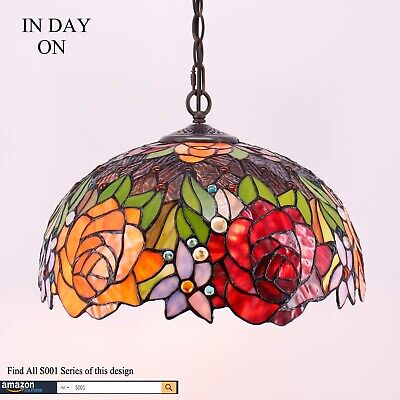 WERFACTORY Tiffany Pendant Light Fixture Red Yellow Rose Stained Glass Hangin...