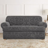 SureFit Stretch Jacquard Damask 2 Piece T Cushion Loveseat Slipcover in Gray