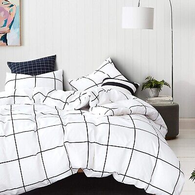 KAREVER White Grid Comforter White Plaid Bedding Set Twin White with Black Li...