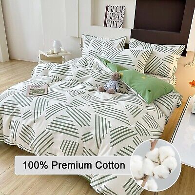 Striped Duvet Cover King, White 100% Cotton Duvet Cover with Green Stripes Pa...