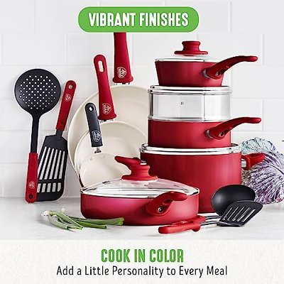 GreenLife Soft Grip Healthy Ceramic Nonstick 16 16 Piece Cookware Set, Red