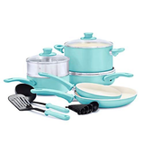 GreenLife Soft Grip Healthy Ceramic Nonstick 12 Piece Cookware Set, Turquoise