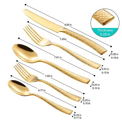 Silverware Set Gold Hammered Pattern Flatware Cutlery Stainless Steel Mirror ...