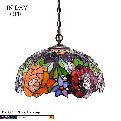 WERFACTORY Tiffany Pendant Light Fixture Red Yellow Rose Stained Glass Hangin...