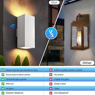 wowlite Modern Porch Lights White 2 Pack, Dust to Dawn Outdoor Light, Waterpr...