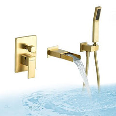 Wall Mount Bathtub Faucet with Handheld Sprayer Brushed Gold, Bathroom Wall M...