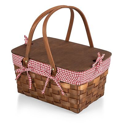 Kansas Handwoven Wood Picnic Basket Red & White Gingham Pattern