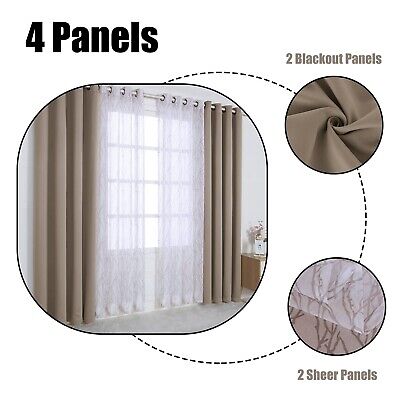 BONZER Mix and Match Curtains - 2 Pieces Branch Print Sheer Curtains and 2 Pi...