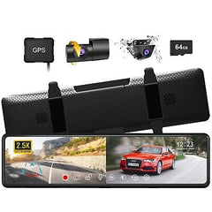 12" Detached Mirror Dash Cam, 2.5K FHD Dual Dash Cam for Cars with Smart Touc...