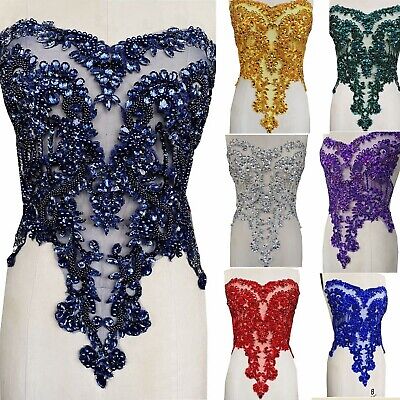 Handmade red/Blue/Gold/Green Rhinestones lace Bodice Applique Sewing Beads Cr...