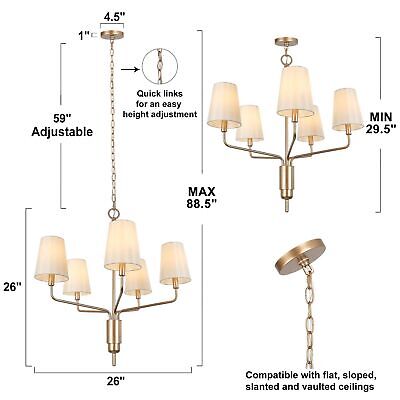 KSANA Gold Chandelier, 5-Lights Modern Chandelier Light Fixture with White Fa...