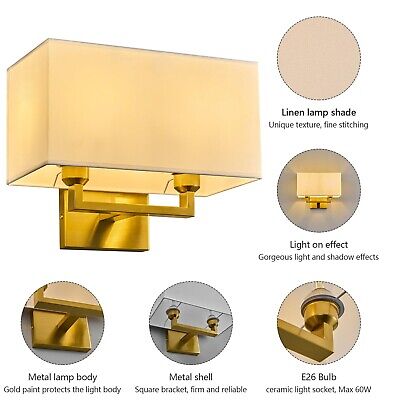 Gold Wall Sconces Set of Two Modern LED 2 Light Bedside Reading Wall Light Fi...