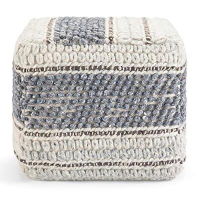 SIMPLIHOME Grady Square Pouf, Footstool, Upholstered in Blue, Natural