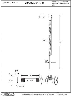 Westbrass D103K12-62 1/2" IPS x 3/8" OD x 12" Corrugated Riser Supply Line Ki...