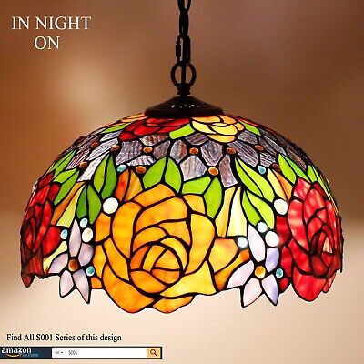 WERFACTORY Tiffany Pendant Light Fixture Red Yellow Rose Stained Glass Hangin...