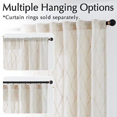 jinchan Beige Linen Curtains for Living Room Diamond Embroidered Back Tab Dra...