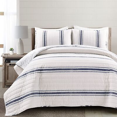 Lush Decor Farmhouse Stripe Reversible Cotton Quilt Set - 3 Piece Cozy Pinstr...