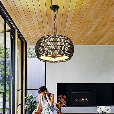 19.5" Farmhouse Chandelier for Dining Room,5-Lights Rattan Large Pendant Ligh...